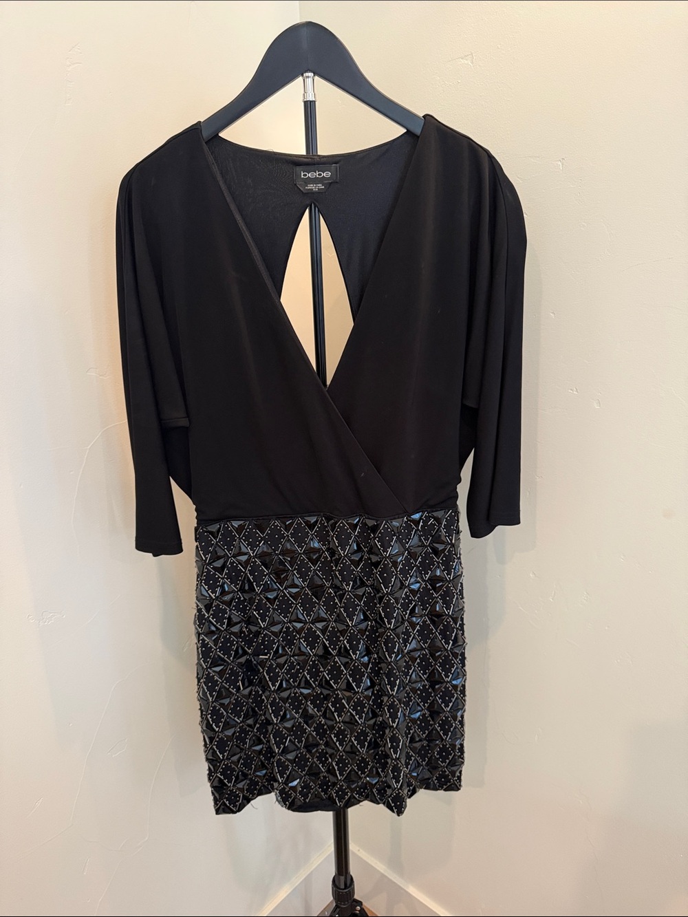 bebe Black Sequin-Embellished Wrap Mini Dress